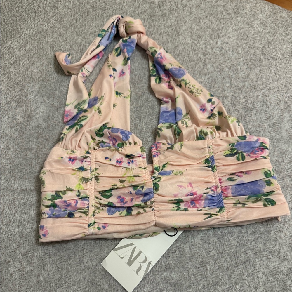 ZARA Peach Floral Halter Ruched Crop Top